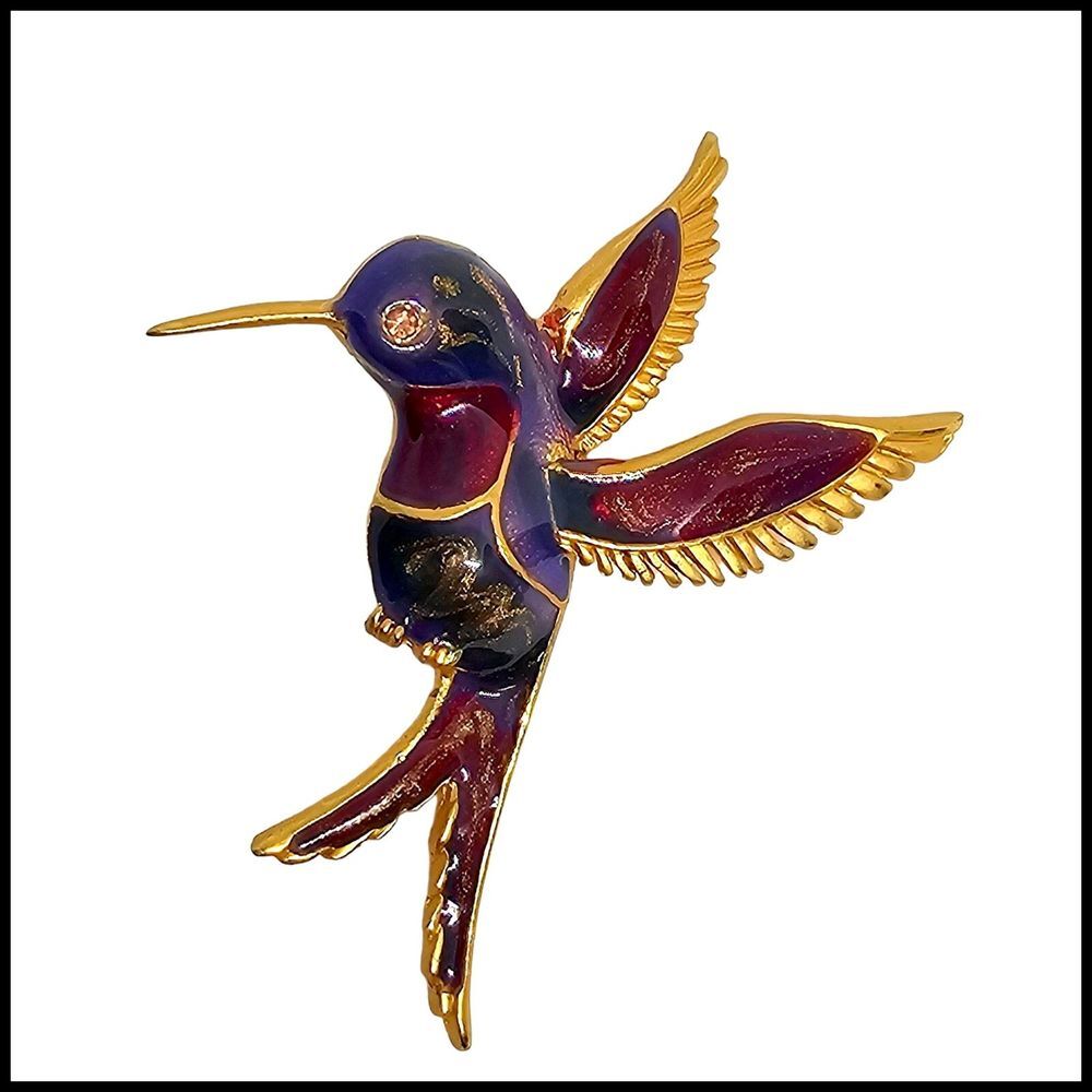 Vintage Hummingbird Brooch Enamel Rhinestone Colorful Gold Red Blue Purple Bird